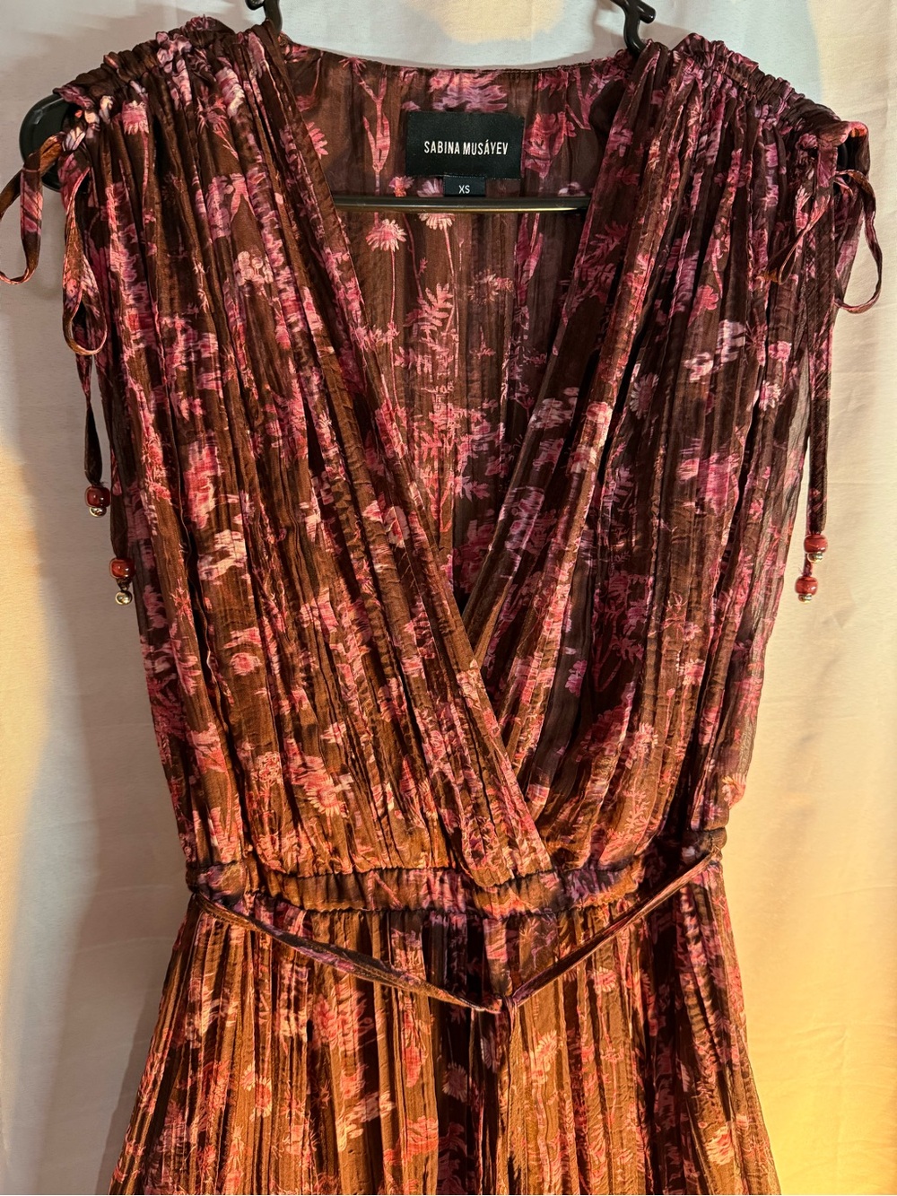 Sabina Musayev XS Brown and Pink Floral Pleated Wrap Midi Dress